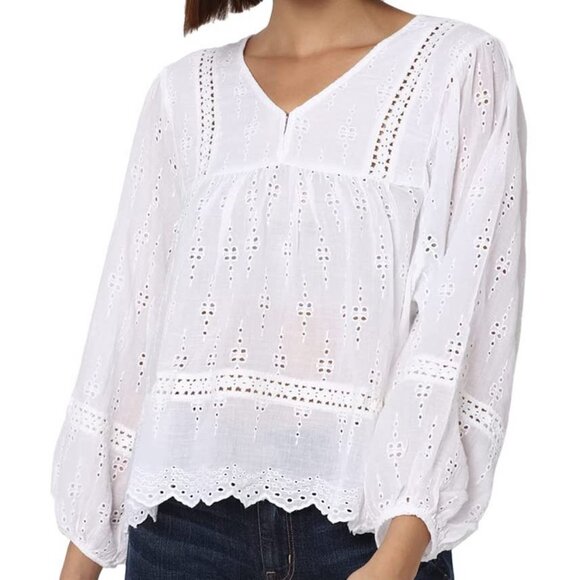 American Eagle White Embroidered Lace Ballon 3/4 Sleeve Peasant Babydoll Blouse - Picture 1 of 15